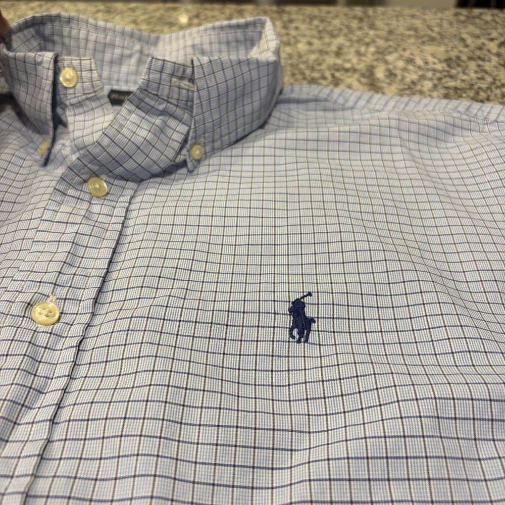 Ralph Lauren Mens Plaid Button Down Shirt Blue 17.5 32/33 XL Custom Fit